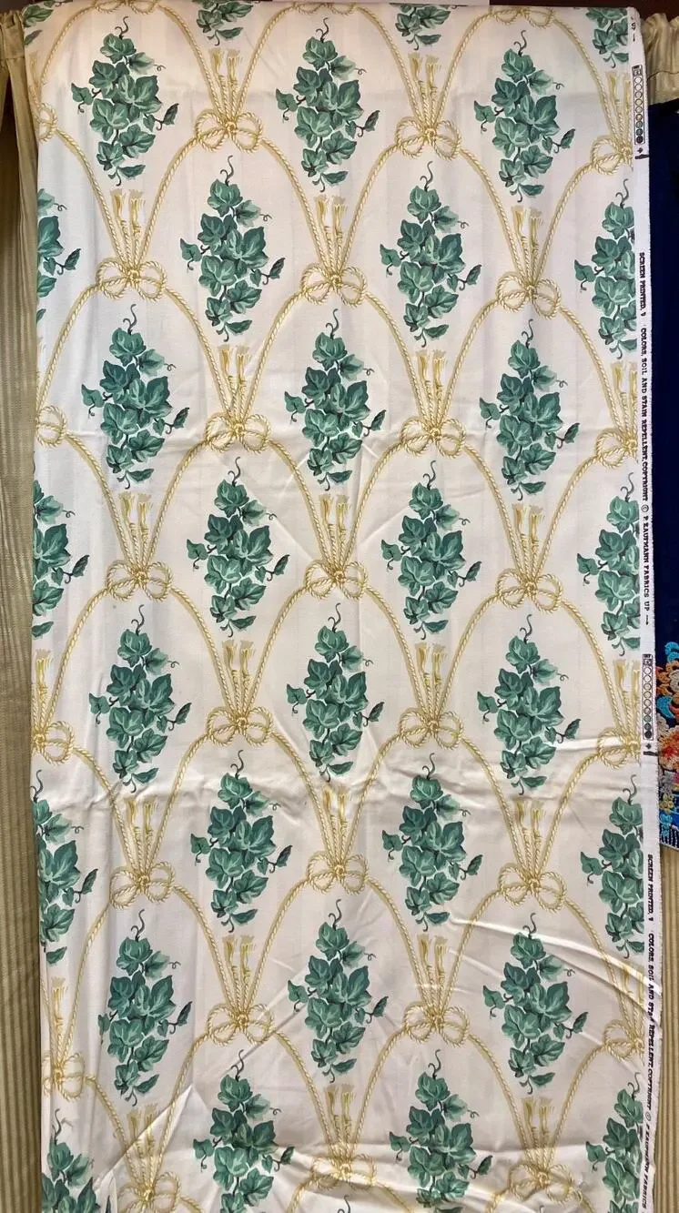 P. Kaufmann fabric pale yellow green ivy leaves white rope Cord Tassels 54